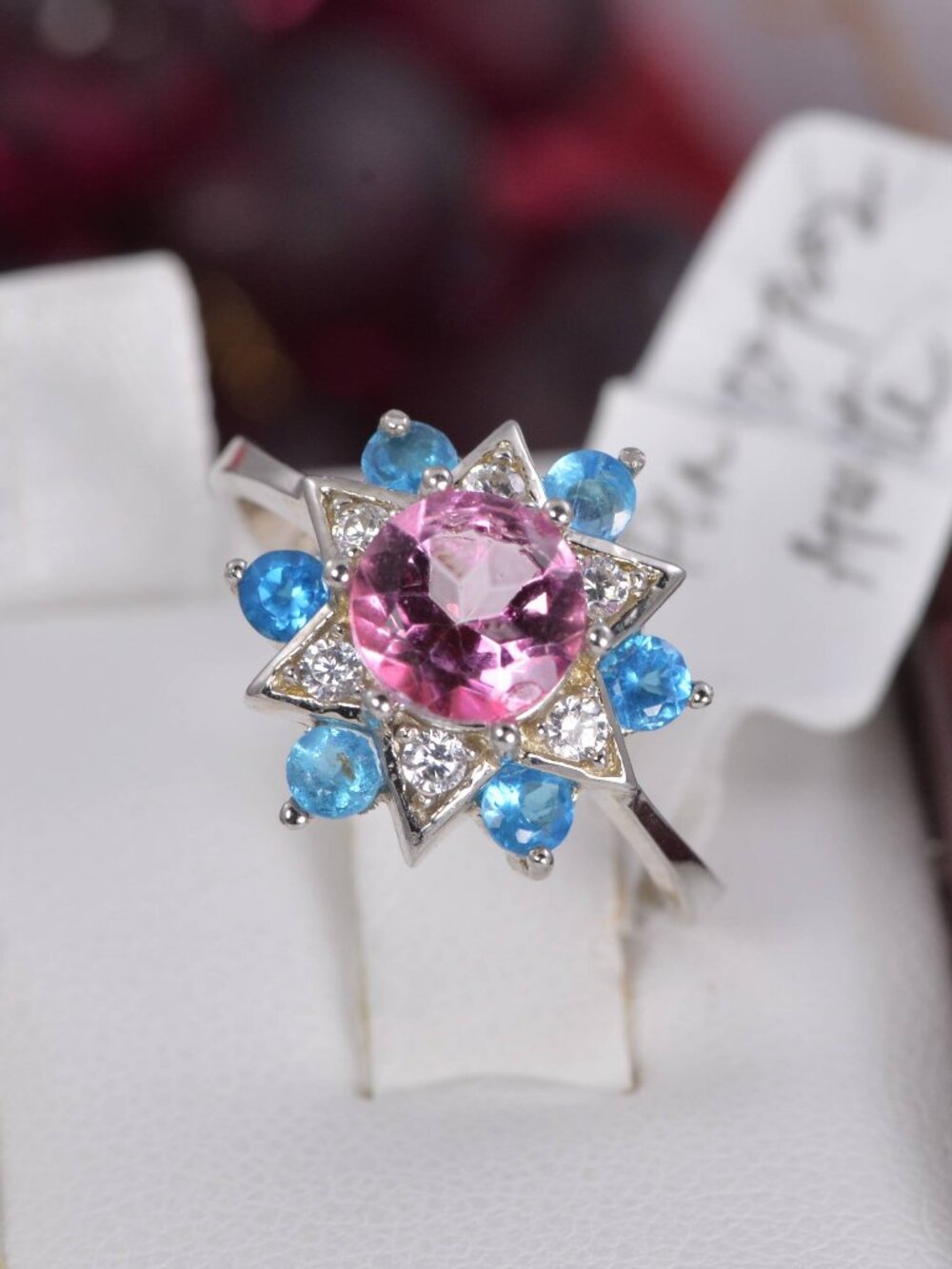 Natural Pink Topaz with Blue Apatite Ring Real 925 Sterling Silver